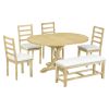 TOPMAX Farmhouse 6-Piece 60inch Extendable Pedestal Dining Table Set with 18inch Removable Leaf, 44inch Bench and 4 Ladder Back Dining Chairs, Natural